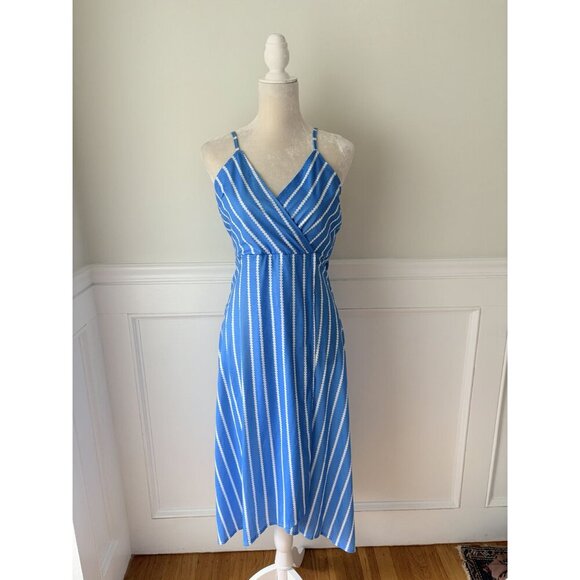 Blue & White Striped Midi Dress With Spaghetti Straps & Crisscross Back - Picture 2 of 5